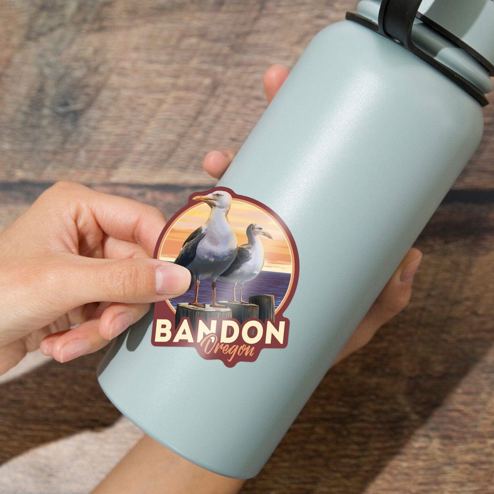 Bandon, Oregon, Seagulls, Contour, Vinyl Sticker Sticker Lantern Press 