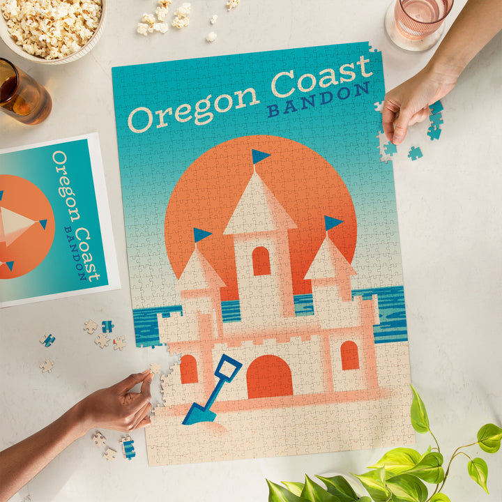 Bandon, Oregon, Sun-faded Shoreline Collection, Sand Castle on Beach, Jigsaw Puzzle Puzzle Lantern Press 