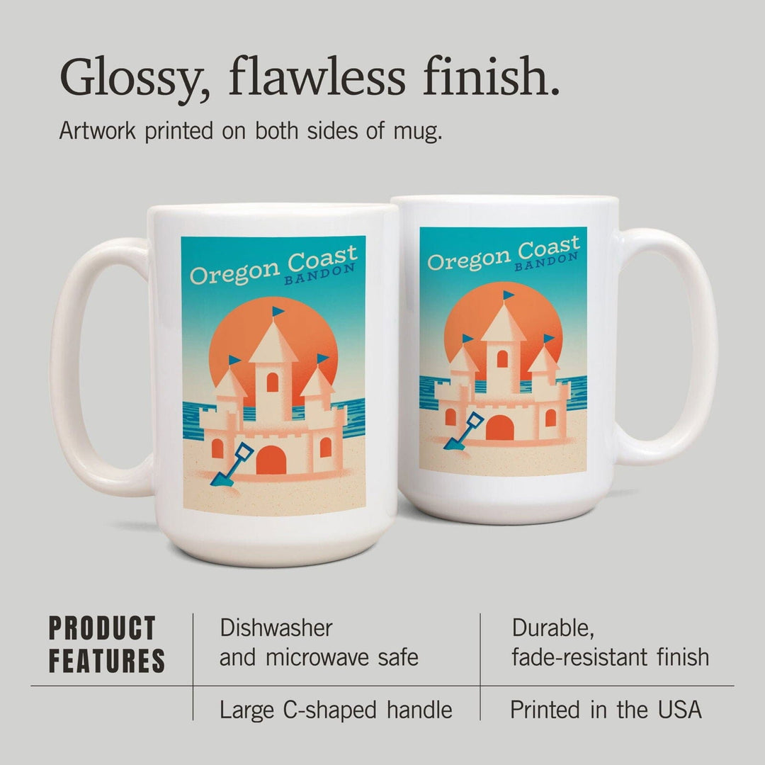 Bandon, Oregon, Sun-faded Shoreline Collection, Sand Castle on Beach, Lantern Press Artwork, Ceramic Mug Mugs Lantern Press 
