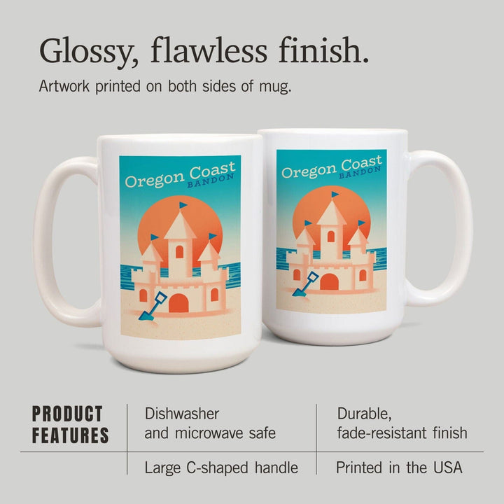 Bandon, Oregon, Sun-faded Shoreline Collection, Sand Castle on Beach, Lantern Press Artwork, Ceramic Mug Mugs Lantern Press 
