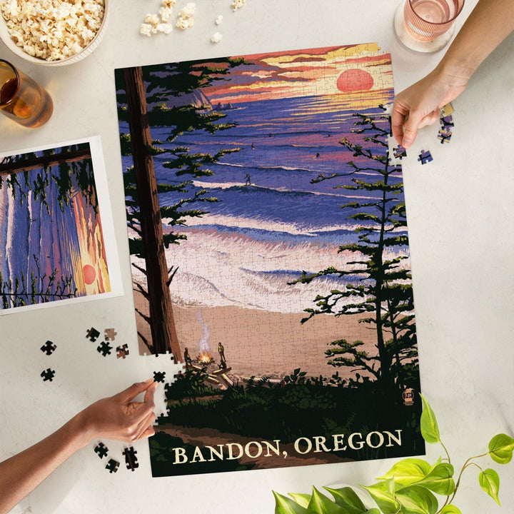 Bandon, Oregon, Sunset and Surfers, Jigsaw Puzzle Puzzle Lantern Press 