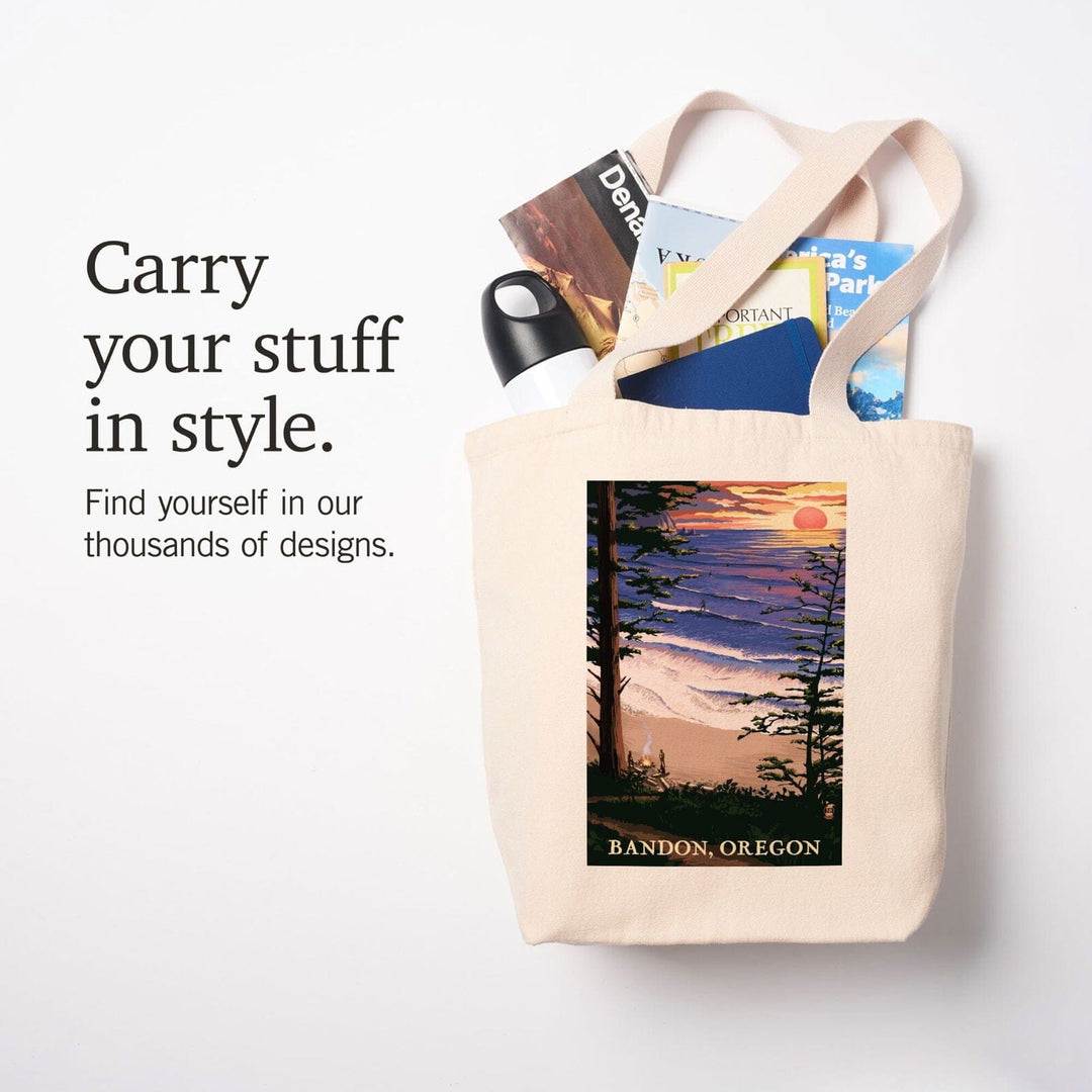 Bandon, Oregon, Sunset & Surfers, Lantern Press Artwork, Tote Bag Totes Lantern Press 