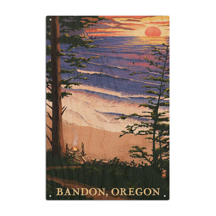 Bandon, Oregon, Sunset & Surfers, Lantern Press Artwork, Wood Signs and Postcards Wood Lantern Press 10 x 15 Wood Sign 