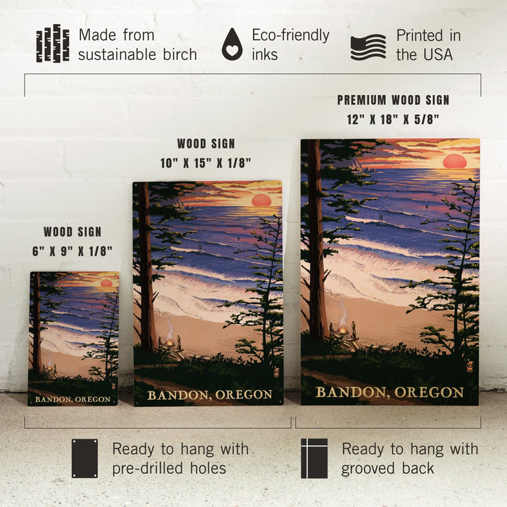 Bandon, Oregon, Sunset & Surfers, Lantern Press Artwork, Wood Signs and Postcards Wood Lantern Press 