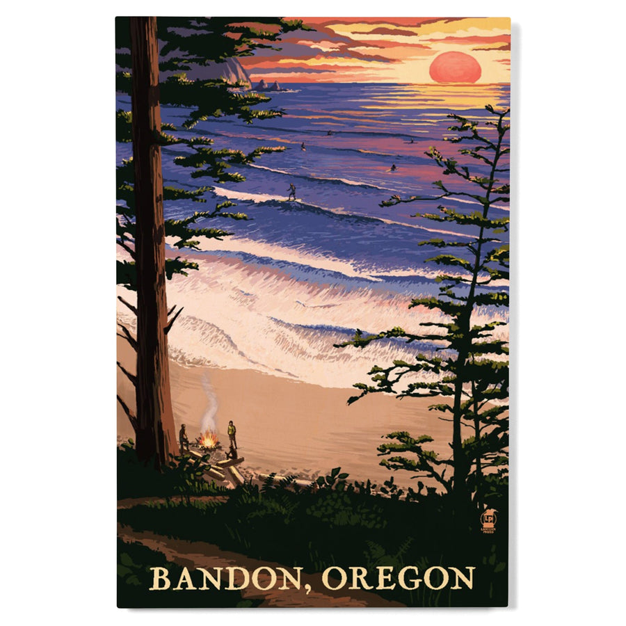 Bandon, Oregon, Sunset & Surfers, Lantern Press Artwork, Wood Signs and Postcards Wood Lantern Press 