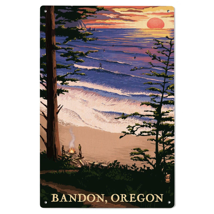 Bandon, Oregon, Sunset & Surfers, Lantern Press Artwork, Wood Signs and Postcards Wood Lantern Press 