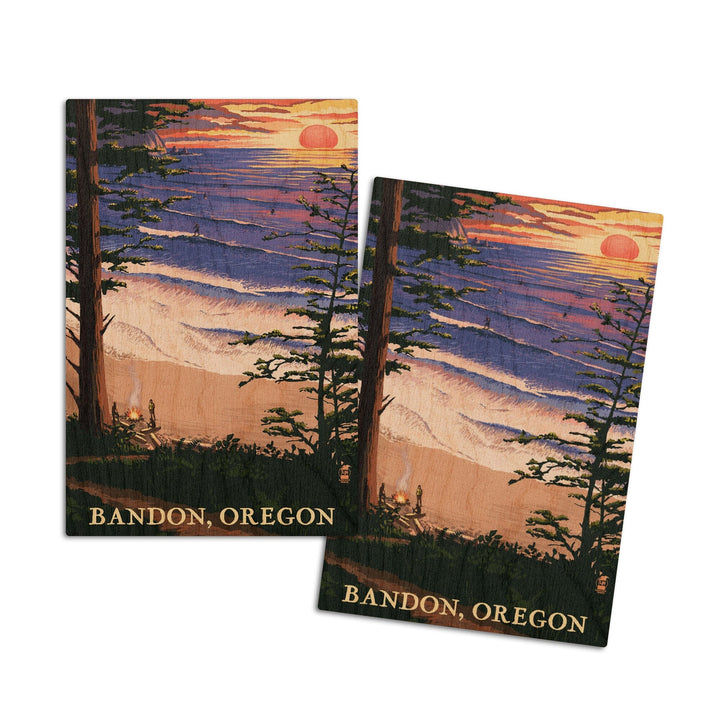 Bandon, Oregon, Sunset & Surfers, Lantern Press Artwork, Wood Signs and Postcards Wood Lantern Press 4x6 Wood Postcard Set 