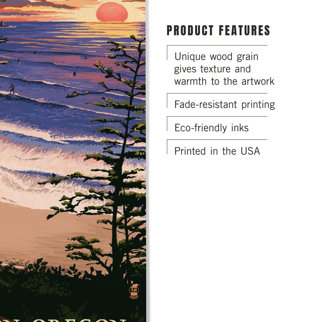 Bandon, Oregon, Sunset & Surfers, Lantern Press Artwork, Wood Signs and Postcards Wood Lantern Press 