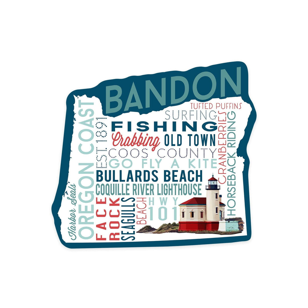 Bandon, Oregon, Typography, Contour, Vinyl Sticker Sticker Lantern Press 