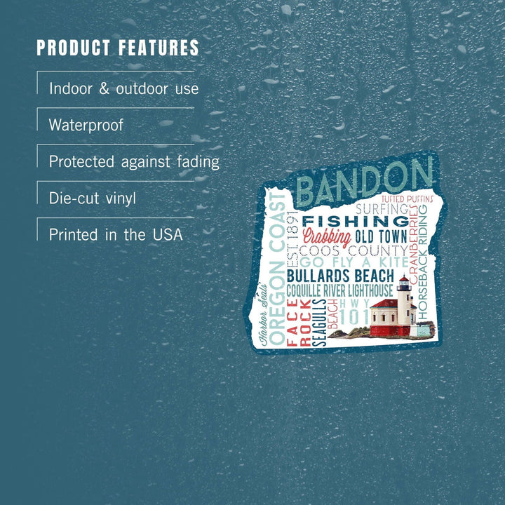 Bandon, Oregon, Typography, Contour, Vinyl Sticker Sticker Lantern Press 