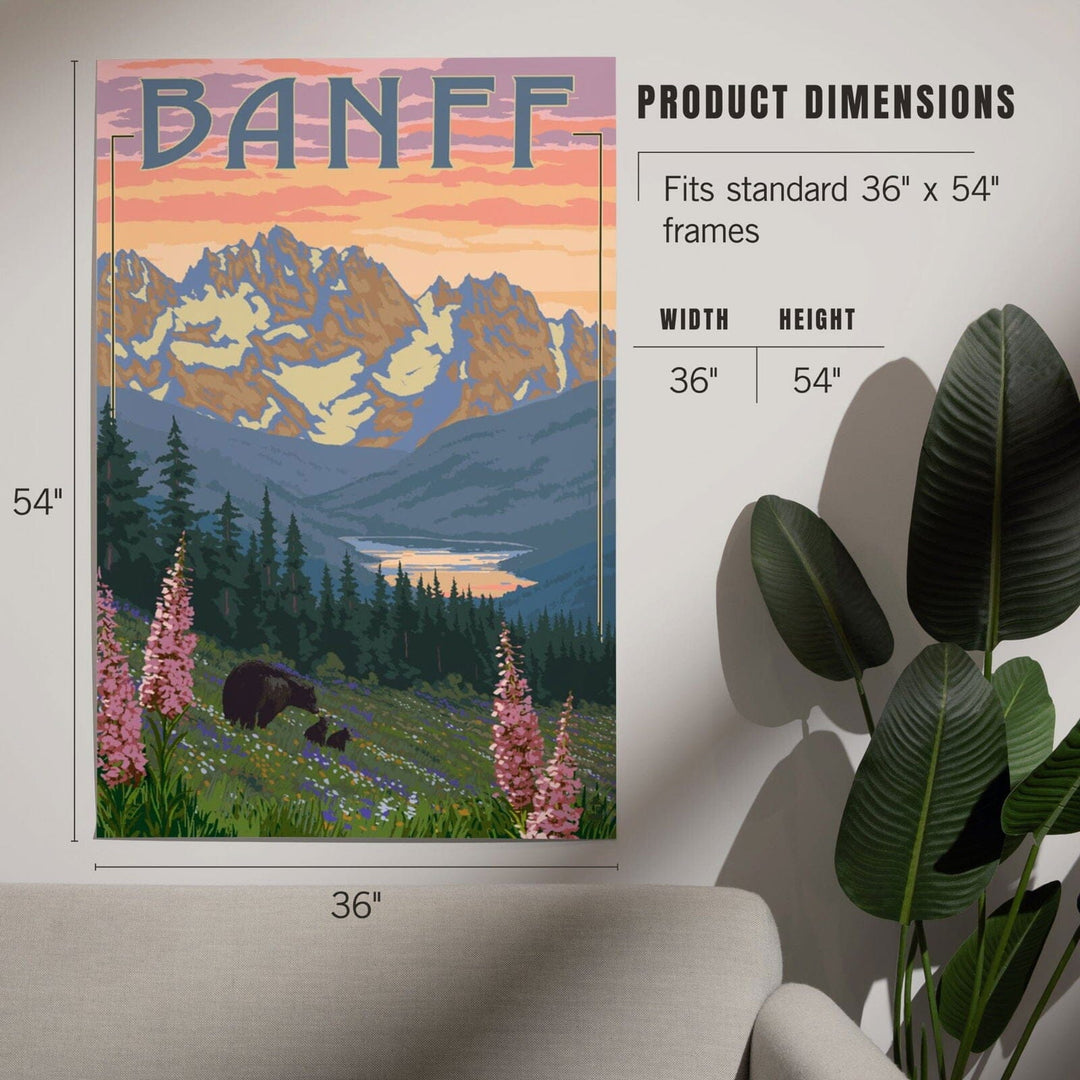 Banff, Alberta, Canada, Bear and Spring Flowers (with border), Art & Giclee Prints Art Lantern Press 