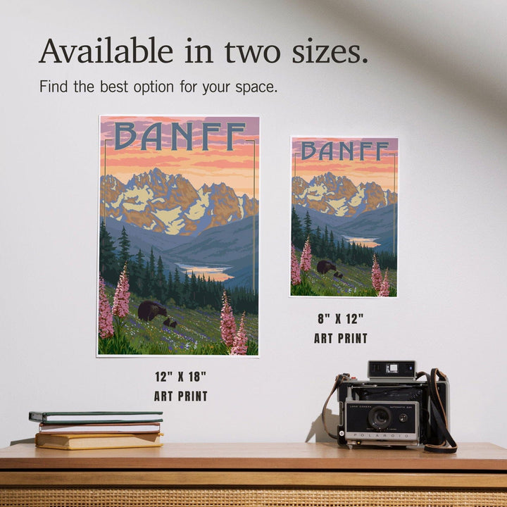 Banff, Alberta, Canada, Bear and Spring Flowers (with border), Art & Giclee Prints Art Lantern Press 