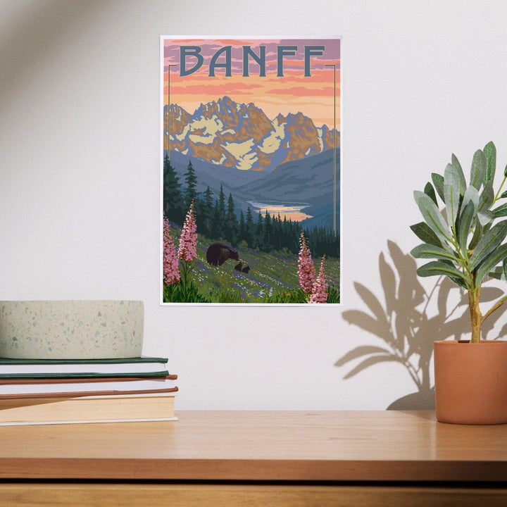 Banff, Alberta, Canada, Bear and Spring Flowers (with border), Art & Giclee Prints Art Lantern Press 