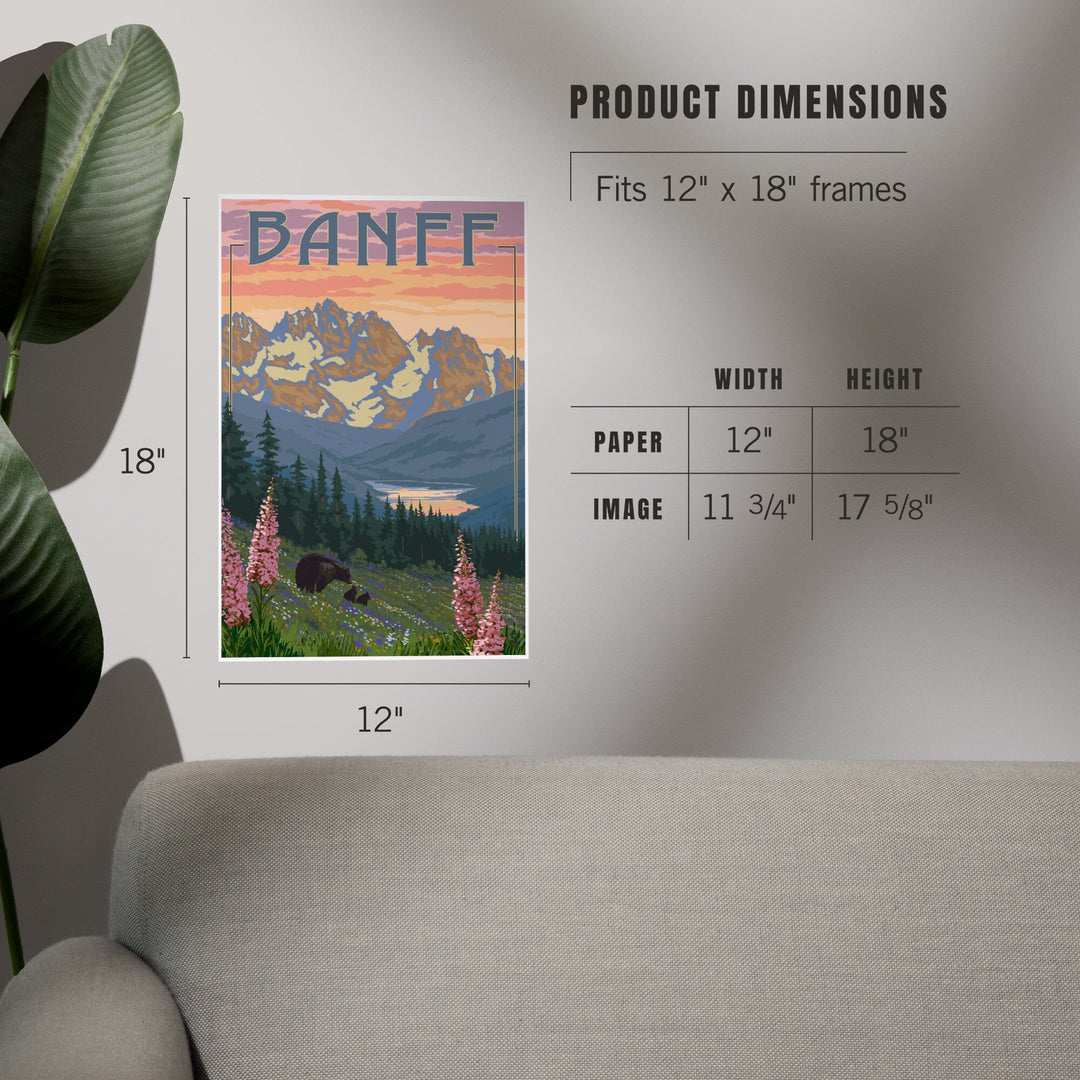 Banff, Alberta, Canada, Bear and Spring Flowers (with border), Art & Giclee Prints Art Lantern Press 