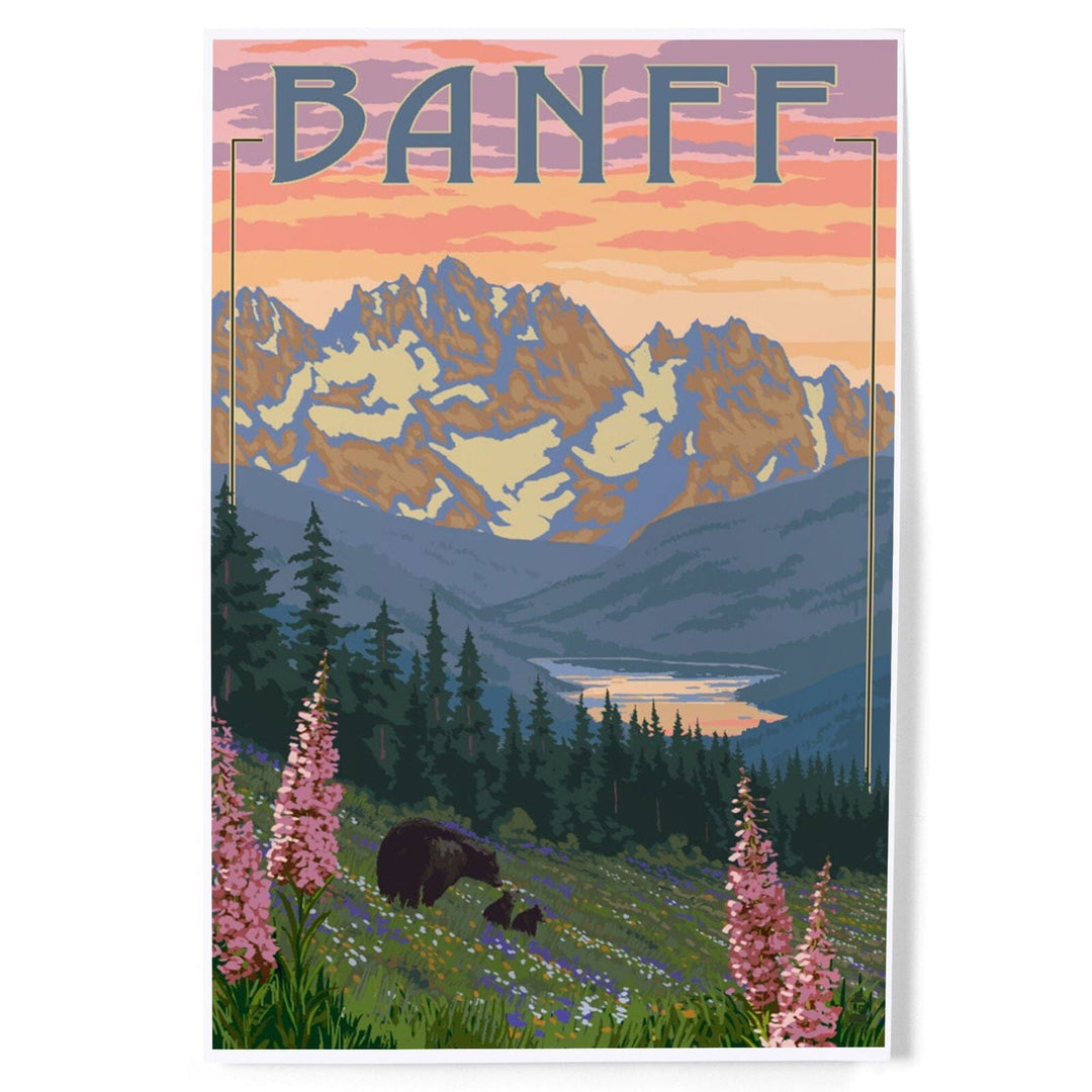 Banff, Alberta, Canada, Bear and Spring Flowers (with border), Art & Giclee Prints Art Lantern Press 