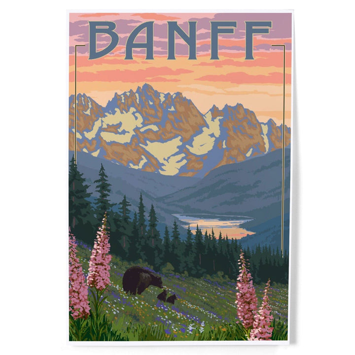 Banff, Alberta, Canada, Bear and Spring Flowers (with border), Art & Giclee Prints Art Lantern Press 