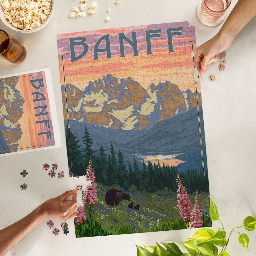 Banff, Alberta, Canada, Bear and Spring Flowers (with border), Jigsaw Puzzle Puzzle Lantern Press 