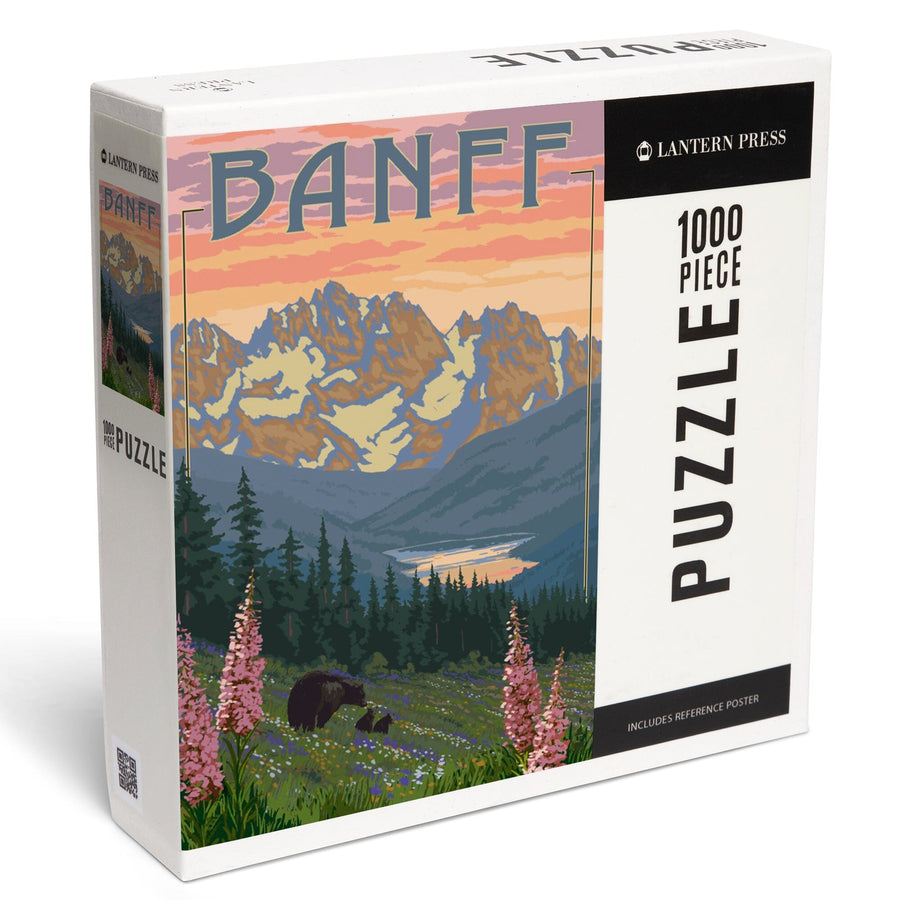 Banff, Alberta, Canada, Bear and Spring Flowers (with border), Jigsaw Puzzle Puzzle Lantern Press 