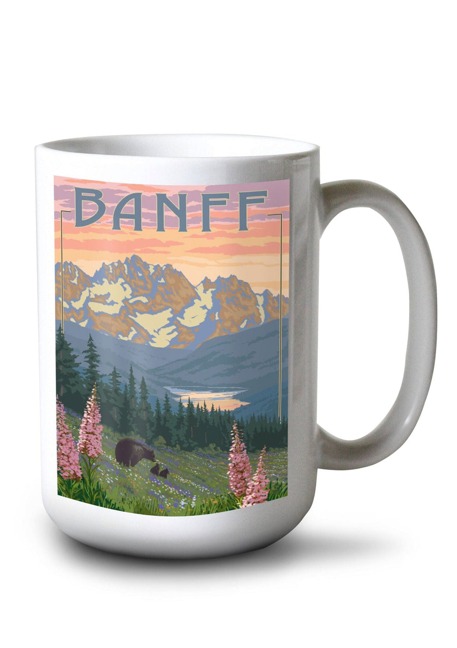 Banff, Alberta, Canada, Bear and Spring Flowers (with border), Lantern Press Artwork, Ceramic Mug Mugs Lantern Press 