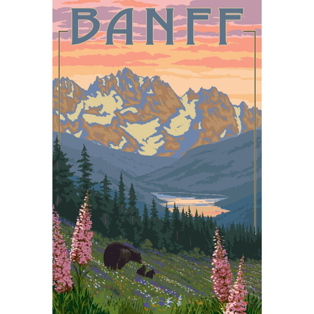 Banff, Alberta, Canada, Bear and Spring Flowers (with border), Lantern Press Artwork, Stretched Canvas Canvas Lantern Press 