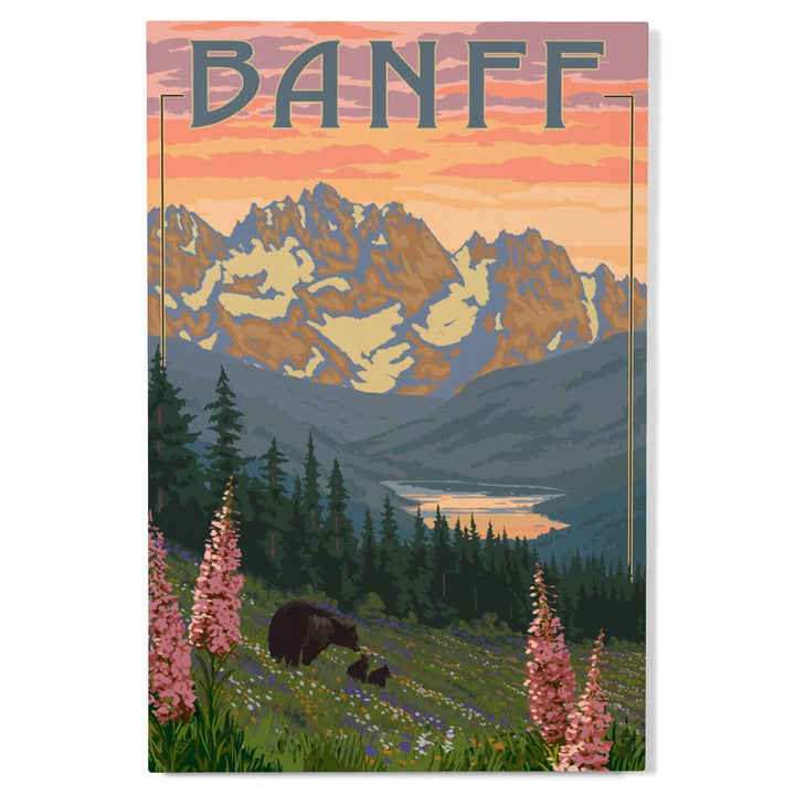 Banff, Alberta, Canada, Bear and Spring Flowers (with border), Lantern Press Artwork, Wood Signs and Postcards Wood Lantern Press 