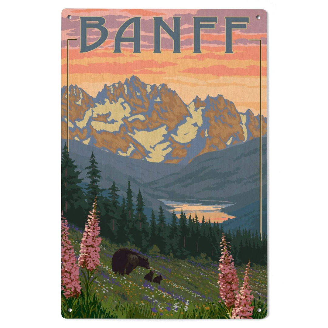 Banff, Alberta, Canada, Bear and Spring Flowers (with border), Lantern Press Artwork, Wood Signs and Postcards Wood Lantern Press 