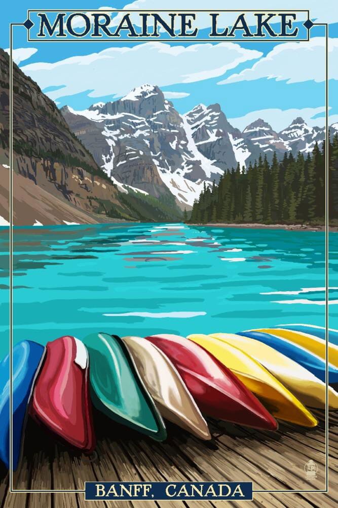 Banff, Alberta, Canada, Moraine Lake and Canoes, Art & Giclee Prints Art Lantern Press 12 x 18 Art Print 