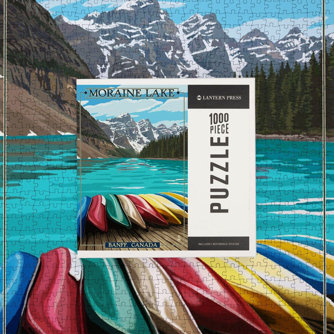 Banff, Alberta, Canada, Moraine Lake and Canoes, Jigsaw Puzzle Puzzle Lantern Press 