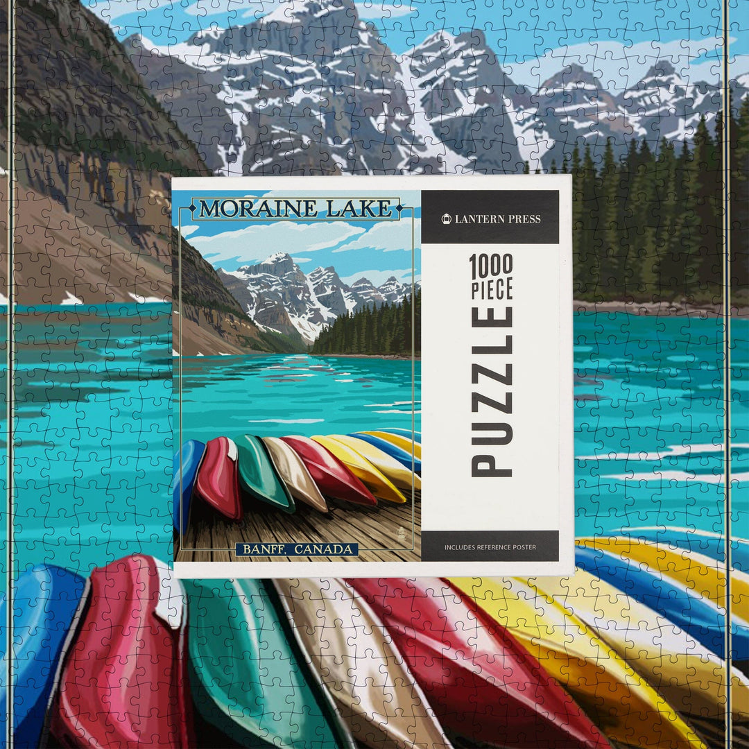 Banff, Alberta, Canada, Moraine Lake and Canoes, Painterly, Jigsaw Puzzle Puzzle Lantern Press 