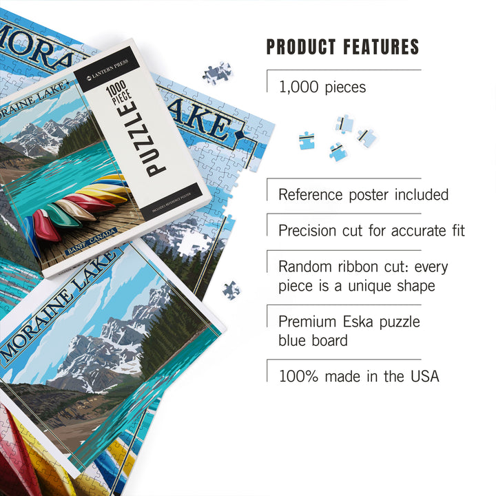 Banff, Alberta, Canada, Moraine Lake and Canoes, Painterly, Jigsaw Puzzle Puzzle Lantern Press 