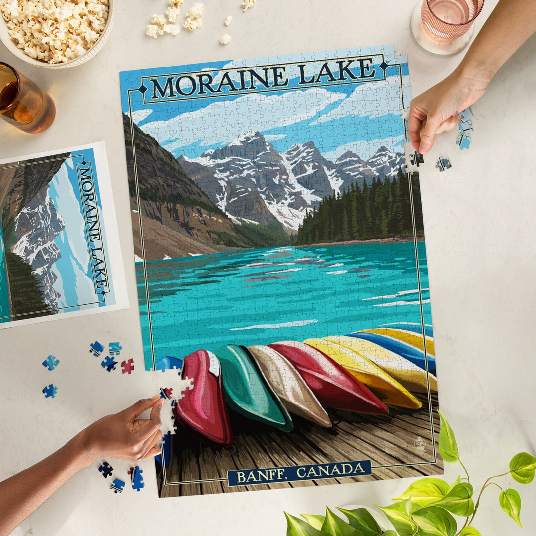 Banff, Alberta, Canada, Moraine Lake and Canoes, Painterly, Jigsaw Puzzle Puzzle Lantern Press 