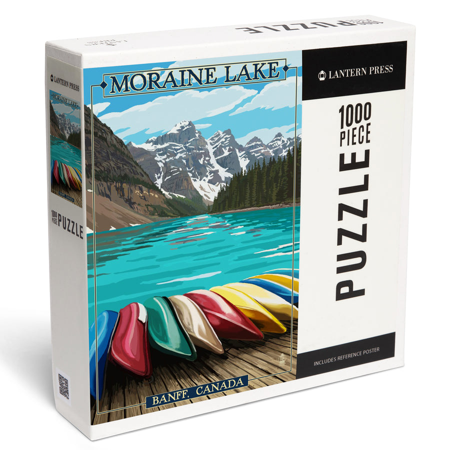 Banff, Alberta, Canada, Moraine Lake and Canoes, Painterly, Jigsaw Puzzle Puzzle Lantern Press 
