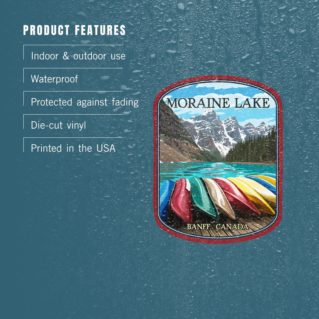 Banff, Alberta, Canada, Moraine Lake & Canoes, Contour, Lantern Press Artwork, Vinyl Sticker Sticker Lantern Press 