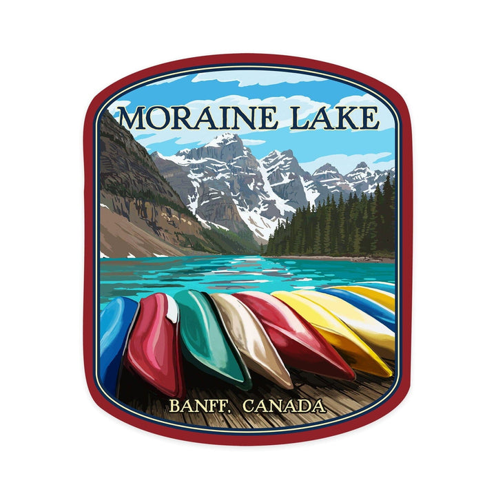 Banff, Alberta, Canada, Moraine Lake & Canoes, Contour, Lantern Press Artwork, Vinyl Sticker Sticker Lantern Press 