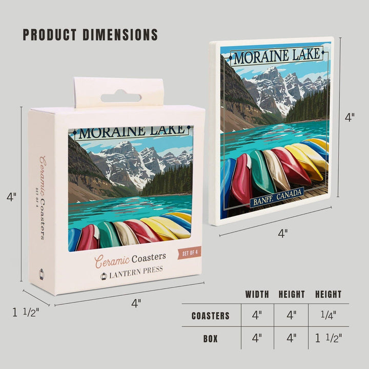 Banff, Alberta, Canada, Moraine Lake & Canoes, Lantern Press Artwork, Coaster Set Coasters Lantern Press 