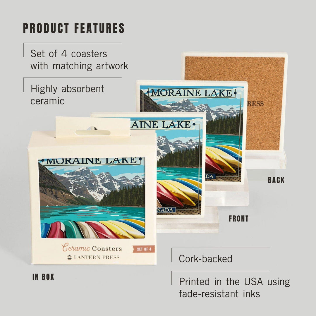 Banff, Alberta, Canada, Moraine Lake & Canoes, Lantern Press Artwork, Coaster Set Coasters Lantern Press 