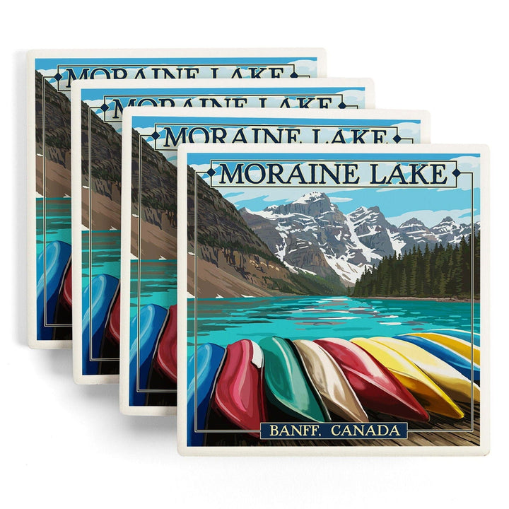 Banff, Alberta, Canada, Moraine Lake & Canoes, Lantern Press Artwork, Coaster Set Coasters Lantern Press 