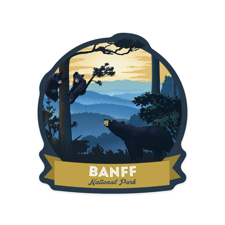 Banff, Canada, Black Bears, Lithograph, Contour, Vinyl Sticker Sticker Lantern Press 