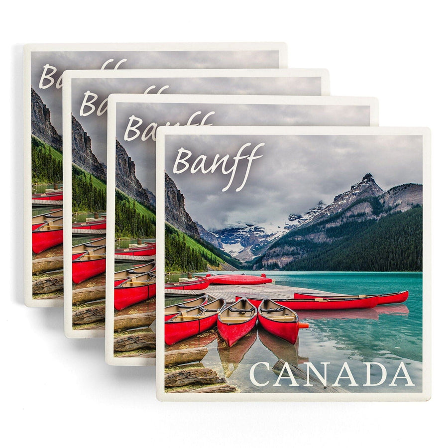 Banff, Canada, Lake Louise Canoes, Lantern Press Photography, Coaster Set Coasters Lantern Press 