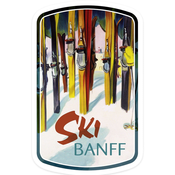 Banff, Canada, Ski, Colorful Skis, Contour, Vinyl Sticker Sticker Lantern Press 