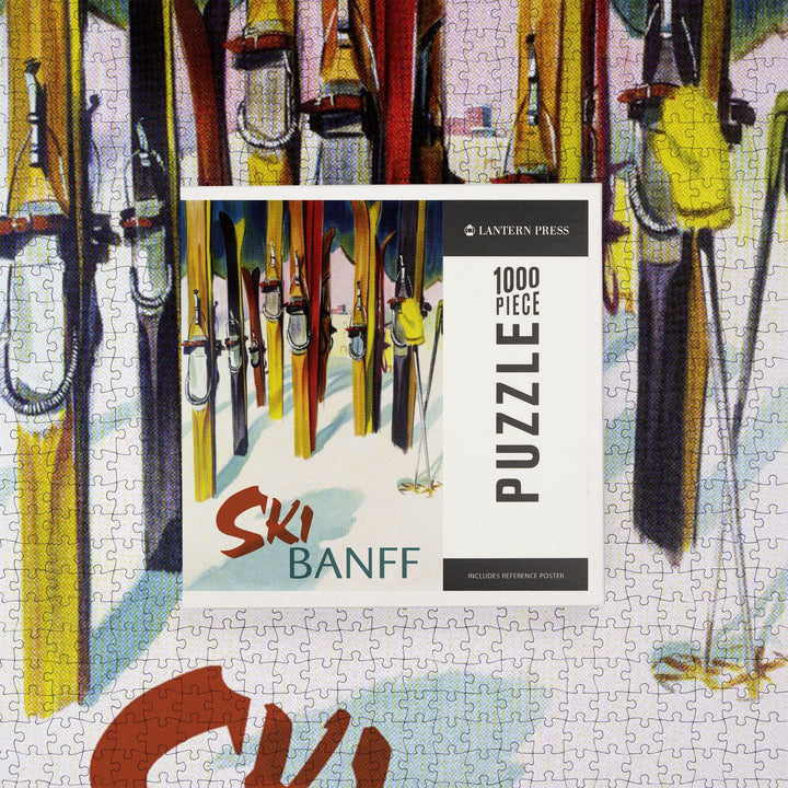 Banff, Canada, Ski, Colorful Skis, Jigsaw Puzzle Puzzle Lantern Press 