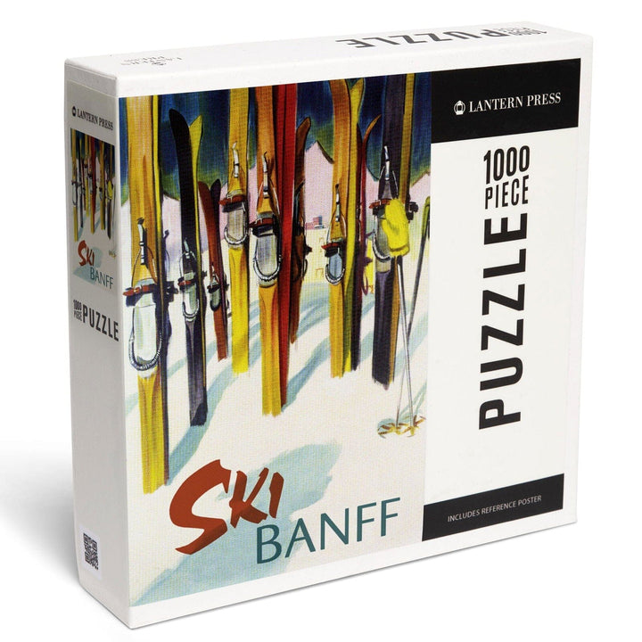 Banff, Canada, Ski, Colorful Skis, Jigsaw Puzzle Puzzle Lantern Press 