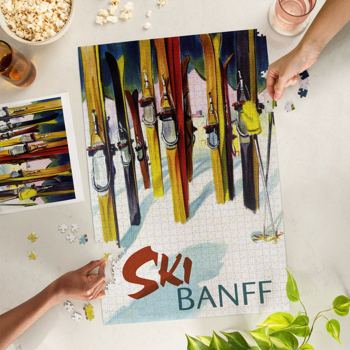 Banff, Canada, Ski, Colorful Skis, Jigsaw Puzzle Puzzle Lantern Press 