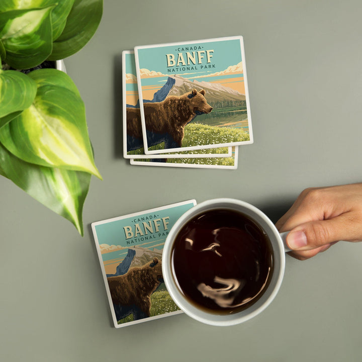 Banff National Park, Canada, Mount Rundle and Bear, Painterly, Coasters Coasters Lantern Press 