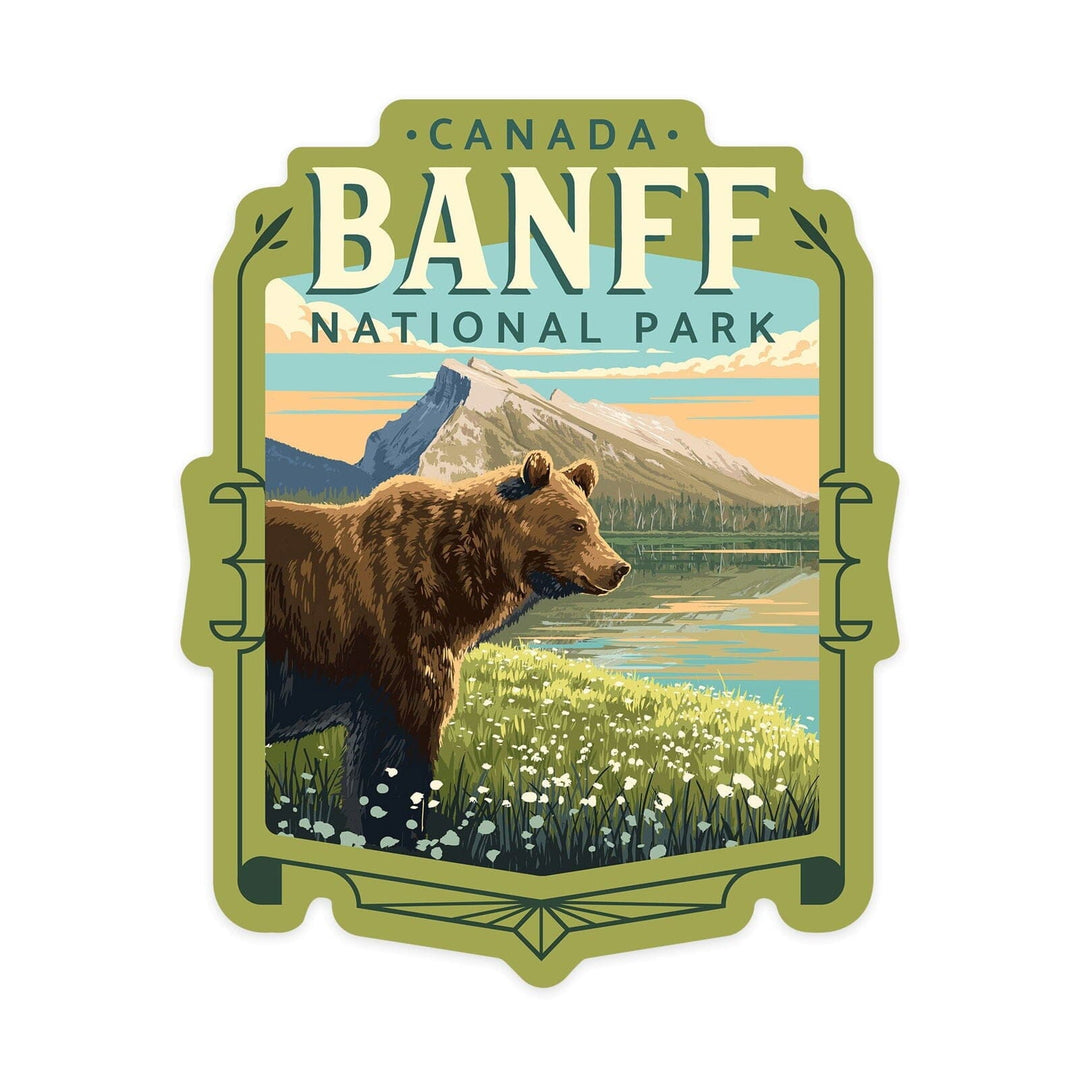 Banff National Park, Canada, Mount Rundle and Bear, Painterly, Contour, Vinyl Sticker Sticker Lantern Press 