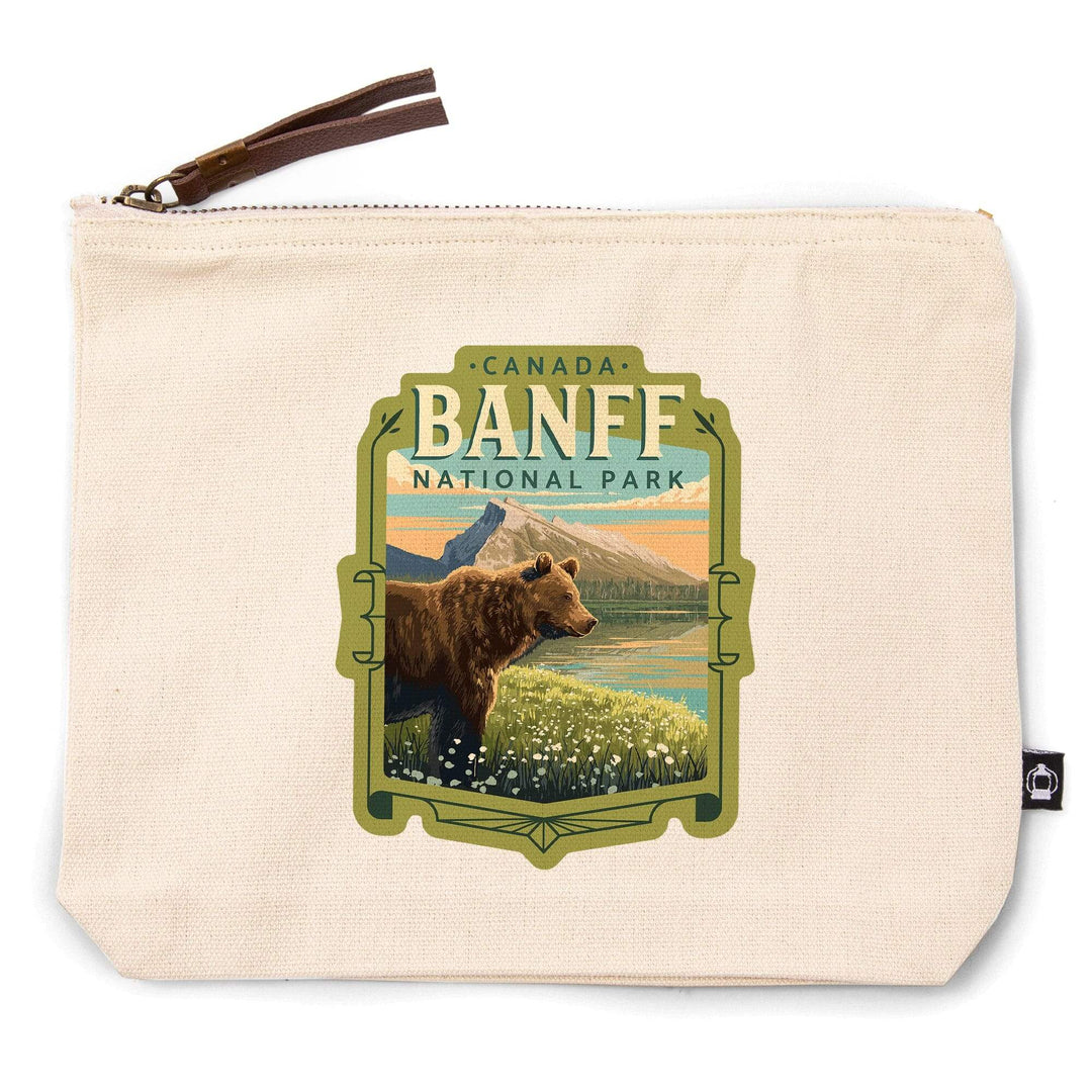 Banff National Park, Canada, Mount Rundle and Bear, Painterly,, Organic Cotton Zipper Pouch, Go Bag Go Bag Lantern Press 