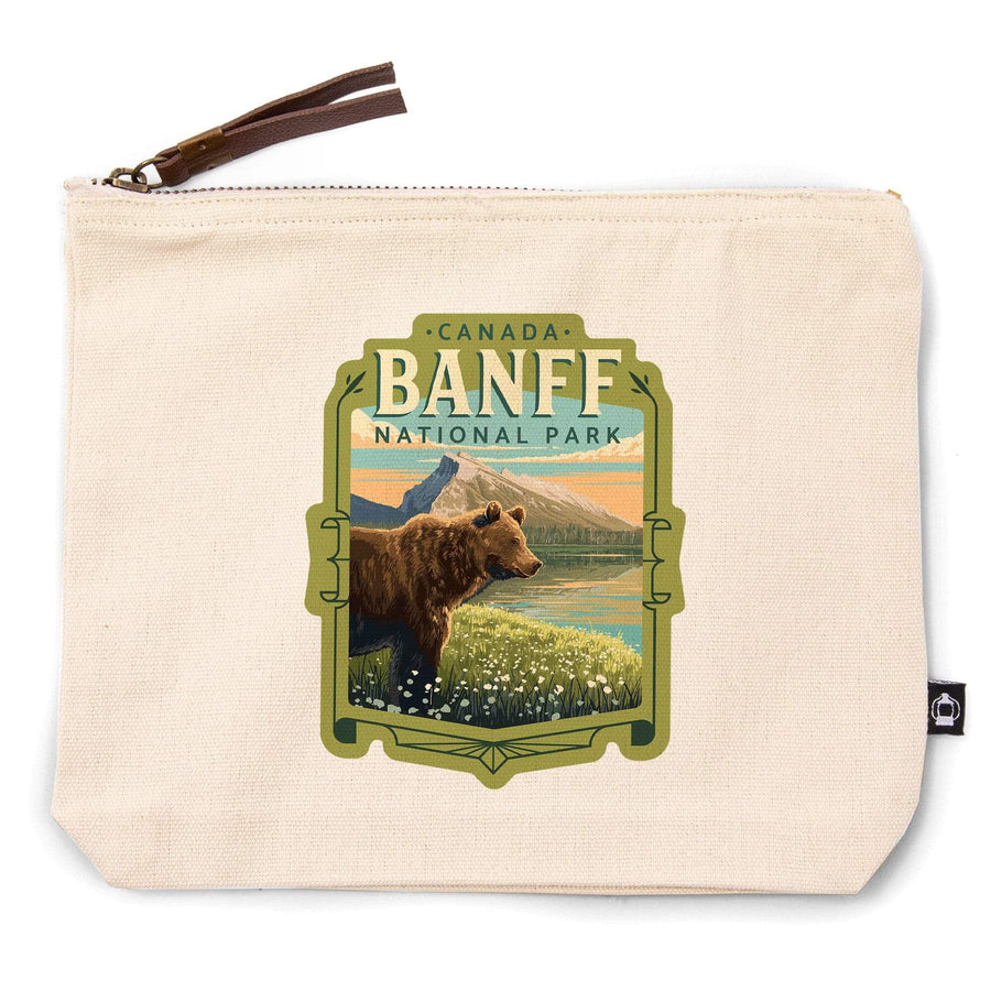 Banff National Park, Canada, Mount Rundle and Bear, Painterly,, Organic Cotton Zipper Pouch, Go Bag Go Bag Lantern Press 