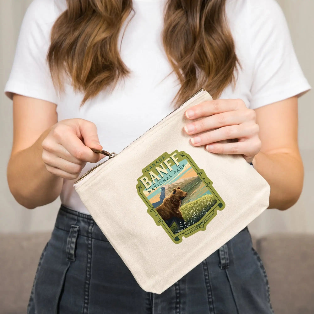 Banff National Park, Canada, Mount Rundle and Bear, Painterly,, Organic Cotton Zipper Pouch, Go Bag Go Bag Lantern Press 
