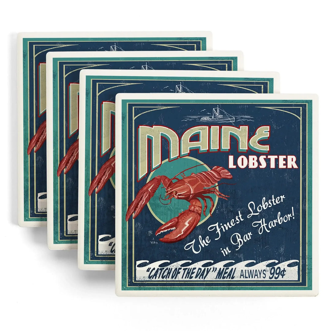 Bar Harbor, Maine, Lobster Vintage Sign, Coasters Coasters Lantern Press 