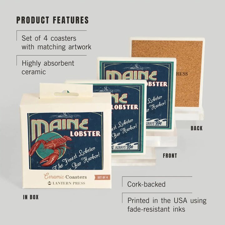 Bar Harbor, Maine, Lobster Vintage Sign, Coasters Coasters Lantern Press 